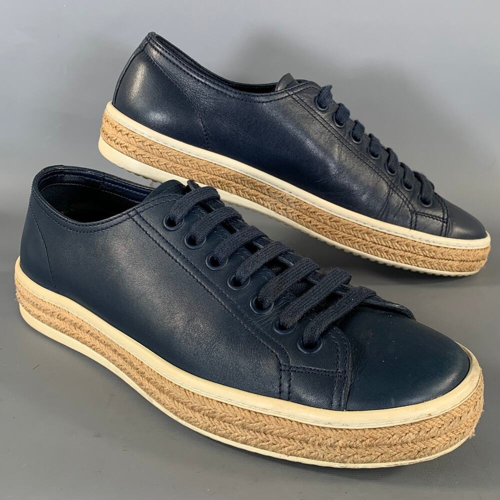 PRADA Size 7 Navy Beige Leather Espadrille Sneakers